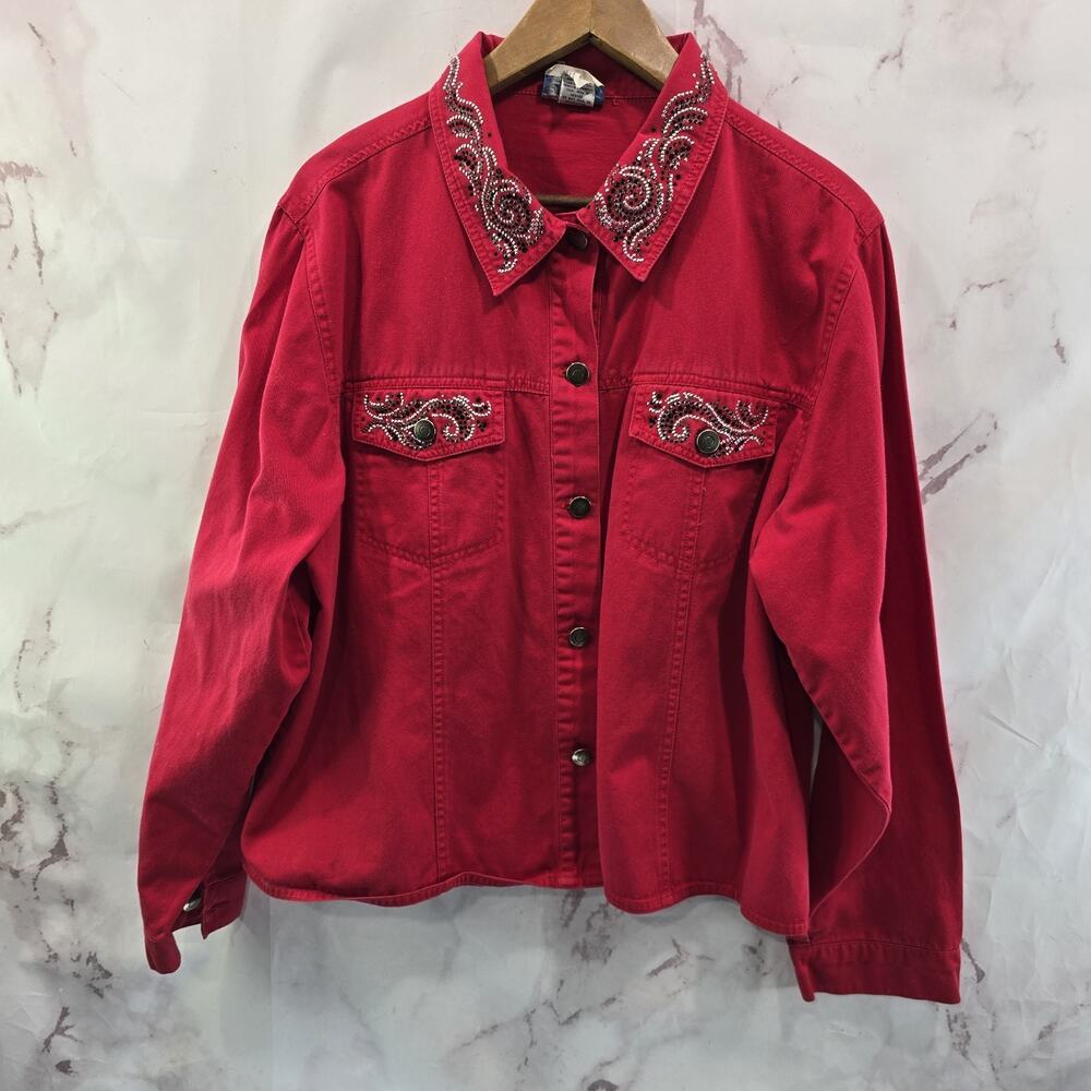 Vintage Jacket Womens XL Red Gem Bedazzled Jewell Sparkle Twill Lightweight
